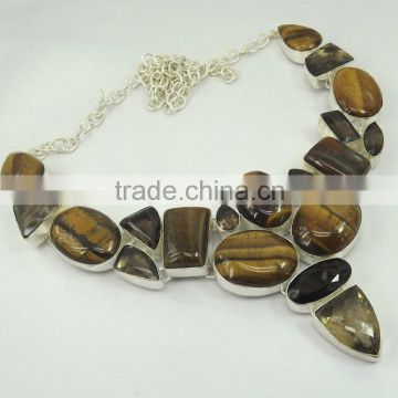 Smoky Topaz, Tiger Eye Necklace plated 925 Sterling Silver 89 Gms 18-20 Inches