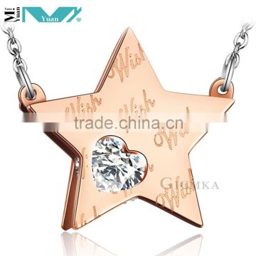 Shiny Stainless Steel Necklace with Star Engraved Charms and CZ Stone