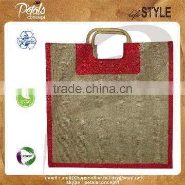 PP laminated jute beach bag with wooden square cane handle