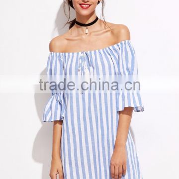 stripe design women sundress off shoulder latest design western dress