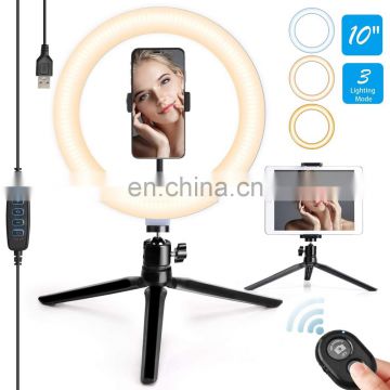 New 10'' inch 3  Colors Lighting Mode Dimmable Remote Control Rechargeable LED Selfie Ring Light with Phone Holder