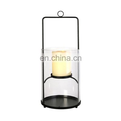 K&B wholesale designs Nordic metal black iron frame glass outdoor candle holder tealight lantern candlestick