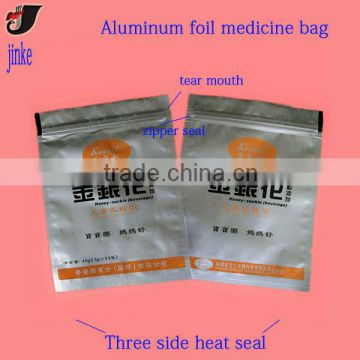 Three side heat seal aluminum foil bag with zipper