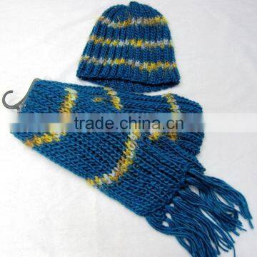 2016 wholesale bule knit hat and scarf sets colorful hat and scarf set