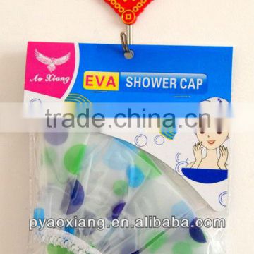 Factory supply eva green and blue printed environmently friendly shower caps or hats for hotel and home,etc.