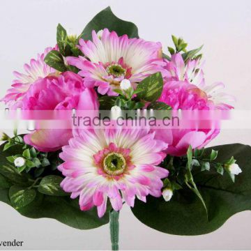 33cm Artificial Peony/Gerbera Bush x13 With 3 Large Leaves