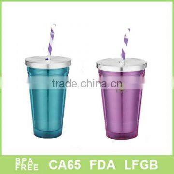Stock shape with aluminum lid and triple color straw double wall coffee mugs