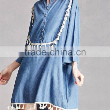 womens clothing oem dolman sleeves button front summer dress Denim Crochet Fringe Dress