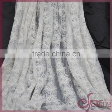 White embroidery lace mesh fabric, elegant flower embroiery fabric for dress