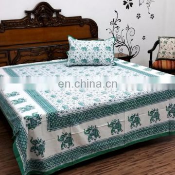 Indian Double Bed cover Elephant double bed-sheet with 2 pillow cases, pure cotton. Multicolor hand block print, bedspread Decor