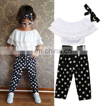 2PCS Kids Baby girls white off-shoulder blouse + dot pants 2pcs Outfits Set