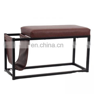 Customized Popular Luxury Brown PVC Leather Luxury Shoe rack Rectangle Beach Seating with Metal Frame