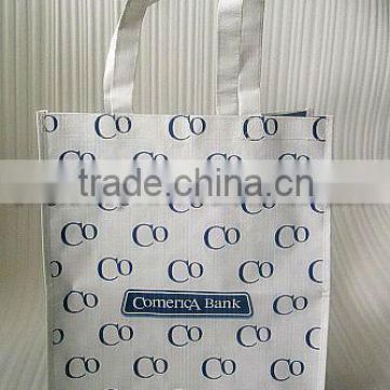 sturdy white woven bag with lamination printing and polyester handle