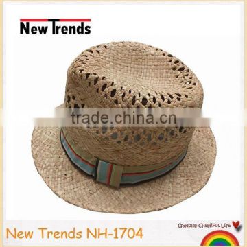 Soft handfeel hollow out handmade raffia straw bucket hat with colorful strip band