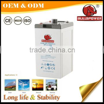 China agm deep cycle solar battery 2v 400ah for renewable solar energy system