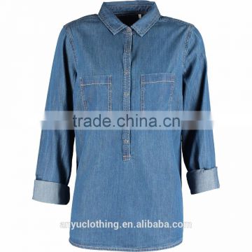 Custom Design Half Button Up Elongated Blue Denim Shirt for Woman