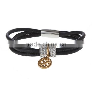 2016 latest trendy double layer unisex genuine leather bracelet with stainless steel, charm bracelet