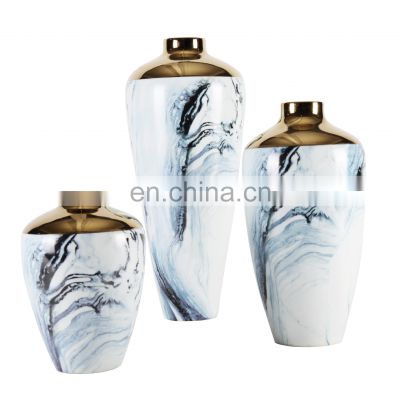 Luxury Marble Design Home Decoration  Plated Porcelain Craft gold edge vase
