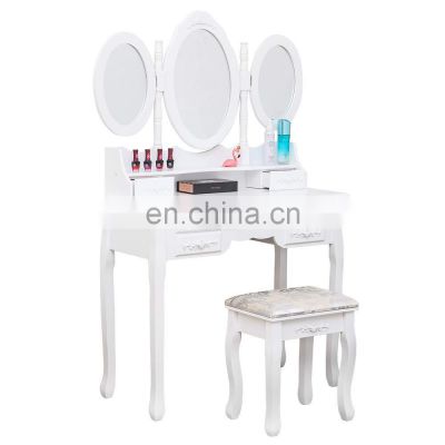 Dressing Table with Trifold Mirrors and 7 Storage Drawers and Stool Set