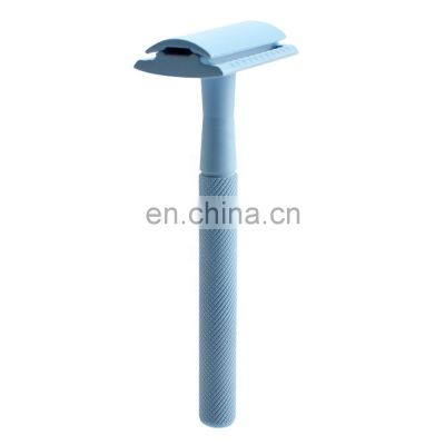 China OEM Face Razor Blue Color Wet Shaving Double Edge Safety Razor Mens Grooming Kit Private Label Brass Safty Razor