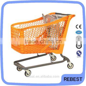 High quality supermarket plastic hand pull trolley