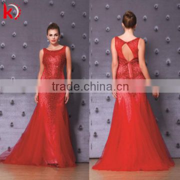 2015 High Quality Shiny Beads Sexy Open Back Elegant Red Abendkleider