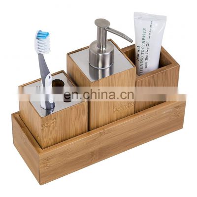 Bamboo Bathroom Accessories Set with Soap Dispenser, Cup, Toothbrush Holder and Tray