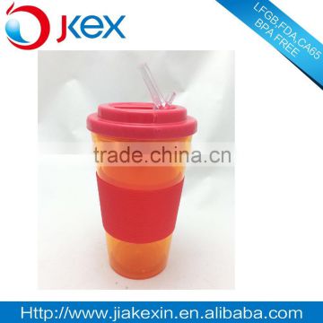 16oz customed color double wall straw mug with silicone sleeve