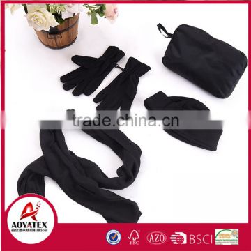 promotion polar fleece cheap scraf hat gloves sets package with polyester taffeta bag