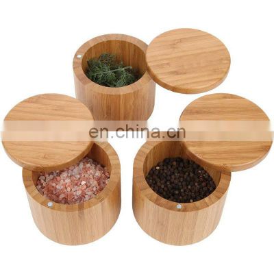 Natural Small Round Bamboo Salt Cellar Herb & Spice Pepper Storage Box with Magnetic Swivel Lid pantry organizer