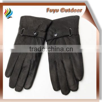 leather gloves for men with a button on belt on back, premium leather, black