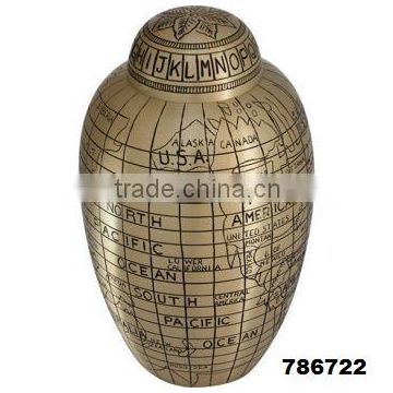 Hand Engraved Global Map Solid Brass Metal Cremation Funeral Urn