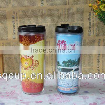 Christmas double wall plastic paper changeable thermal mug ,bap free paper insert plastic tumbler,plastic travel coffee mug