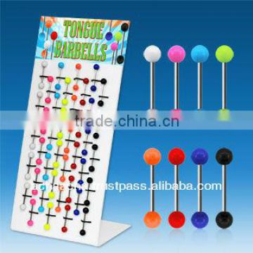 Display with 40 pcs of surgical steel tongue barbells, 14g, with 6mm solid color acrylic balls - length 5/8" (16mm)