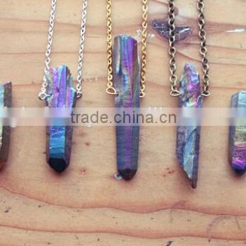 Raw Aura Quartz Rainbow Crystal Point Layering Necklace, Rough Natural Titanium Spike Gemstone with Gold, Silver, Vintage Brass