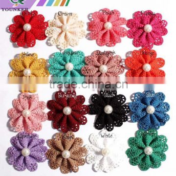 16COLORS,2INCH,New Eyelet Fabric Flower Sew Flowers Hair Flowers with pearl For Baby Girls Apparel /Hair Accessories,YDKM22