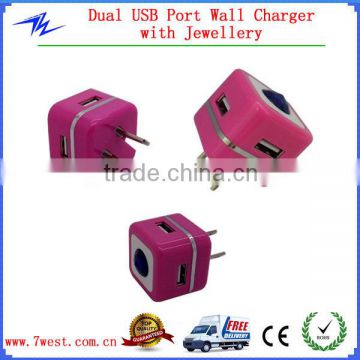 2014 New Colorful Dual USB Wall Charger Mobile Phone Travel Charger with Diamond for ipad