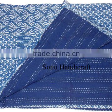 Indigo Color Hand Block Printed Kantha Quilt Patchwork Bedspread Queen Size Cotton Handmade Kantha Throw