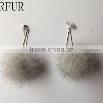 YR1022 Fashion Earrings Mink Fur Pom Pom and Silver Ear Pendants