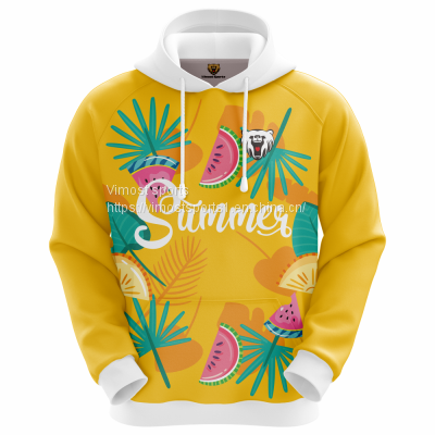 Yellow and White Custom Sublimation Hoodie with Watermelon and Leaf Pattern