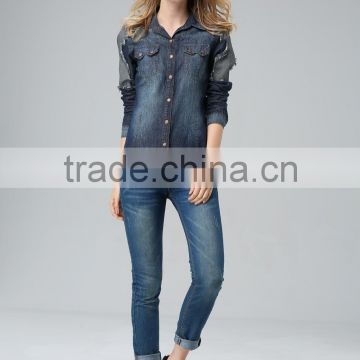 Denim Blue long sleeve korean style manufactures dress shirt for women