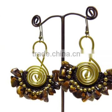0009 HANDMADE JEWELRY Set Dangle Brown Tiger's Eye STONE Brass Wired Stitch Woven Beaded Earrings from THAILAND