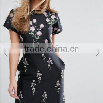 Guangzhou Wholesale Clothing OEM Side Pockets Floral Printed Short Sleeve Jacquard Black Dress