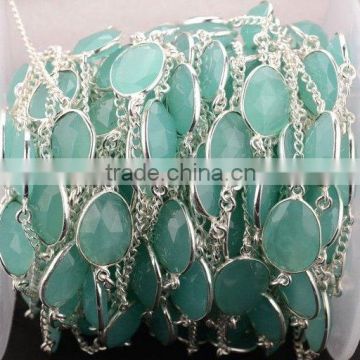 AAA Beautiful Natural Aqua Chalcedony Oval shape Bezel Continuous Connector Chain 10-15mm In 925 Silver Plated Wire by foot