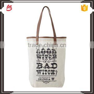 High quality reusable canvas shopping bag with pu leather handles