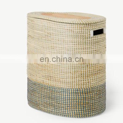 Stitched Natural Seagrass Laundry Basket Lidded and Double Basket With Handle storage hamper