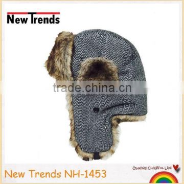 Fashion chevron pattern faux fur & nylon Russian style winter hat trapper hat