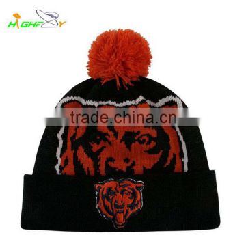 high quality acrylic OEM custom tiger jacquard knit slouchy pom pom beanie hat with embroidery logo
