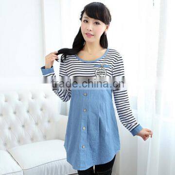 Wholesale Maternity dress, spring pregnant women clothes, The cowboy Blue stripes pregnant women dress