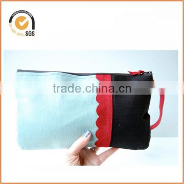 Blue and Black Brushed Twill Cotton Canvas Colorblocked Scalloped Edge Wristlet Zipper Pouch Clutch By Chiqun Dongguan CQ-H02012